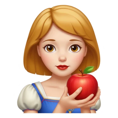 Create an emoji of Snow White holding a red apple, with short golden-brown hair. sticker