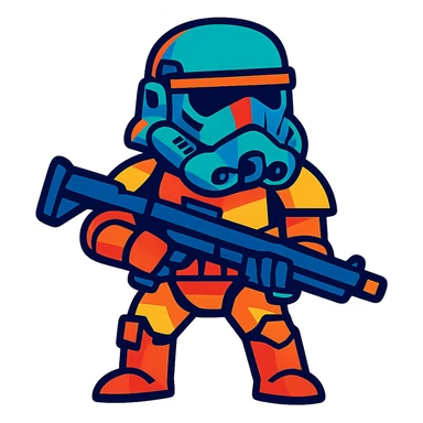 helmeted space trooper inspired by Star Wars, bold cartoon style, vibrant toon style sticker