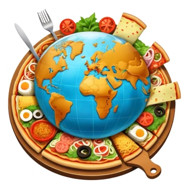 Icon for Gastronomic Tourism: a globe with various cuisines from around the world, such as pizza, sushi, tacos, and pasta, surrounded by food-related travel elements like a fork, knife, and map. Transparent background. sticker
