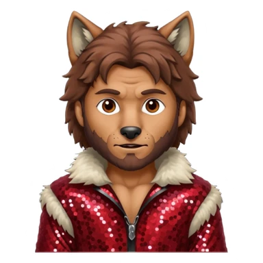 The Wolf Man with tan skin brown hair and fur, dark red sequin outfit sticker