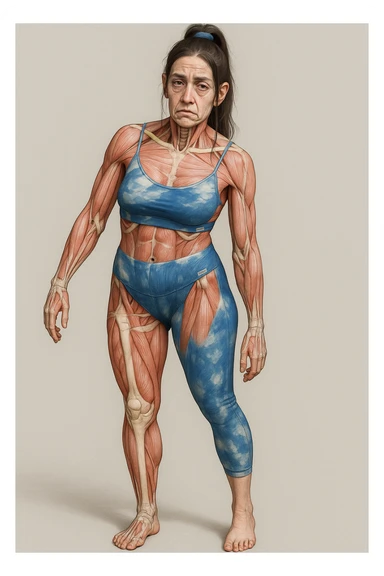 A woman in sportswear with an asymmetric posture, in a medical realistic style showing visible muscles and bones. The expression shows strong chronic stress signs including a tense face, dark circles under the eyes, and muscle tension. The background is neutral and the format is vertical. sticker