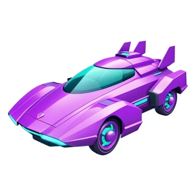 Futuristic retro hover car with sharp angular design and glowing purple wheels, flat vector style, minimal color palette with purple and teal accents sticker