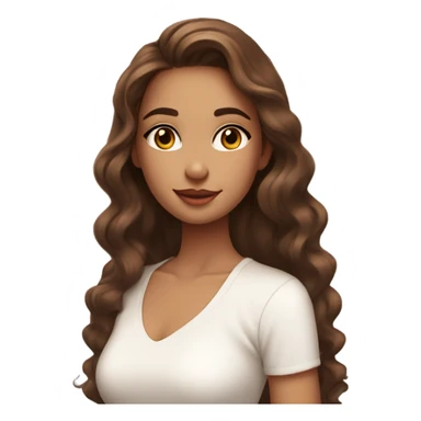 A girl with long, wavy brown hair, glowing skin, soft makeup, wearing a white top, sticker