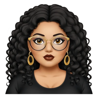 big plus size, latina, darker tan skin, long black curly hair, baddie,pretty, makeup, lipliner, black eyeliner, long hair, gold earrings, black top, black glasses sticker