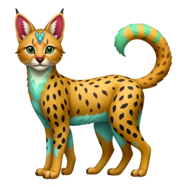 Colorful bluish cute adorable tropical exotic fruity kiwi-green lemony rosy neon-red Caracal-Cheetah-Serval-Snow-Leopard-Trico-Sergal-Vernid-fusion-hybrid-animal-creature, full body, with tribal markings sticker