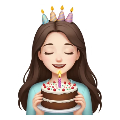 happy beautiful pale brunette girl with long eyes closed hair holding a piece of birthday cake  sticker