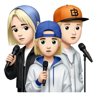 Pop music collage: Justin Bieber, Eminem, Ed Sheeran, and Billie Eilish in signature looks. Stage lights, microphones, and musical notes around them. Transparent background. sticker