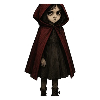 Scarlet, the main character from Grimm Variations episode 2 (Little Red Riding Hood), a young girl with a red hooded cloak, inspired by dark fairy tale aesthetics, expressive and mysterious sticker