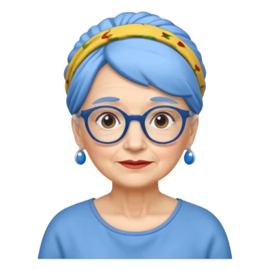 fat old woman with blue bun hair and glassess and headband sticker