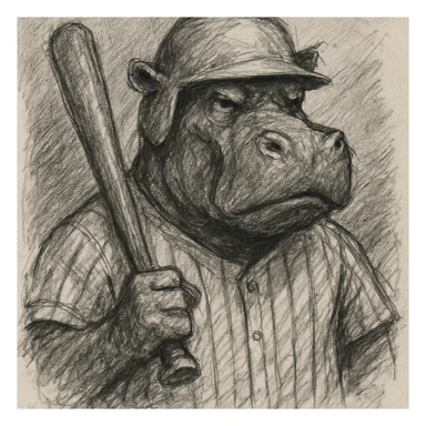 hippo holding a baseball bat, wearing a yellow helmet, pinstripes outfit sticker