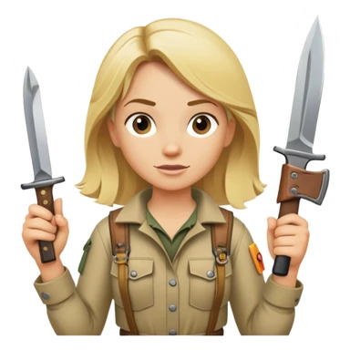Blonde female wilderness explorer Melissa Backwoods holding a survival knife sticker