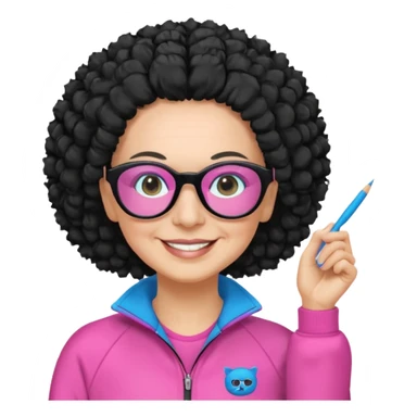 FEMME FRISÉ 60 ANS CHEVEUX NOIR FRISÉ LONG SOURIANTE AVEC CHANDAIL ROSE,   YEUX BLEU ET UN PINCEAU À LA MAIN LA MAIN AVEC 5 DOIGT SEULEMENT ET LUNETTE sticker