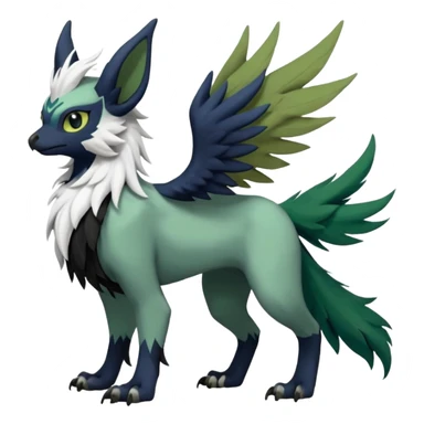 Dark-deep-colored gryphon-Trico-Nargacuga-Absol-Leafeon-Sprigatito-Silvally-fusion-hybrid with a long tufted tail, black beak, black claws, black tail, majestic, realistic, furry (full body) sticker