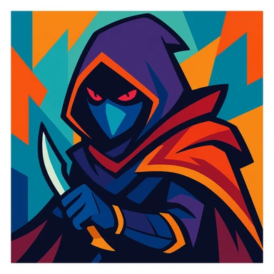 mysterious League of Legends assassin in a hood, vibrant cartoon style sticker