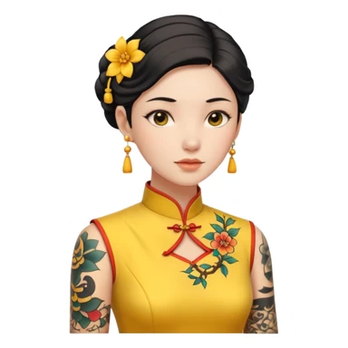 ancient woman with tatooed on neck and yellow cheongsam sticker
