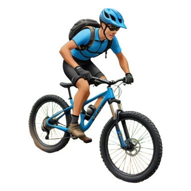 An icon featuring a mountain bike with thick tires on a rugged trail. A cyclist in a helmet rides downhill, kicking up dust. The background showcases a breathtaking mountain landscape with green slopes, rocky peaks, and a bright blue sky. Transparent background emphasizes adventure and speed sticker