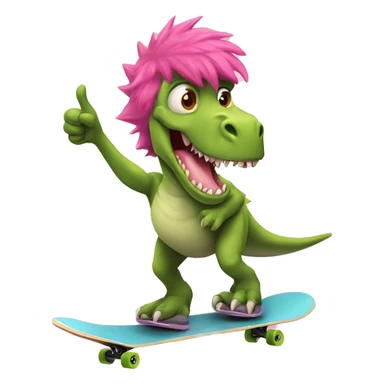 Dinosaur with pink hair, riding a skateboard holding a thumb thumbs up sticker