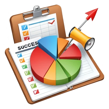 An icon featuring a pie chart, a clipboard with a checklist, and a megaphone, symbolizing management and marketing. The design includes upward-trending graphs and a target with an arrow, representing strategy and success. Transparent background highlights business organization and promotion. sticker