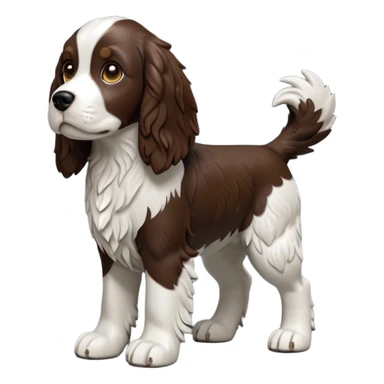 cinematic-[Springer Spaniel]-realistic-full-body-standing-emoji,-tail-resting-loosely-beside-its-paws,-head-tilted-dramatically, -scruffy-[brown and white]-fur,-simplified-yet-realistic-focused-features,-highly-detailed,-glowing-with-an-almost-sarcastic-glow sticker