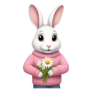 Rabbit is holding daisy and wearing pink sweater sticker