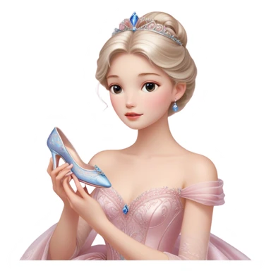 Cinematic Realistic Cinderella Portrait, depicted with lifelike skin texture, subtle rosy undertones, and soft natural lighting that enhances the gentle contours of her face. Her intricately detailed golden blonde hair is elegantly styled in an updo, with delicate wisps framing her face. Her deep, expressive blue eyes radiate warmth and sincerity, reflecting a quiet resilience and grace. She holds a glass slipper gently in one hand, her other hand resting gracefully at her side, emphasizing the timeless beauty of the moment. She is dressed in her iconic ball gown, the fabric shimmering with intricate embroidery and fine translucent layers that catch the light beautifully. The soft sheen of satin gloves adds a magical touch to her graceful pose. The portrait features an enchanting glow with a natural, luminous finish, seamlessly blending realism and fairytale charm to evoke a sense of depth, elegance, and timeless beauty. sticker