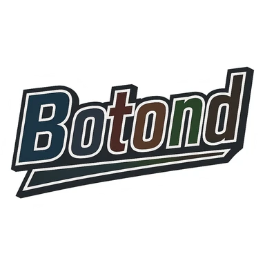 Text image of the name 'Botond' in a masculine, modern, gradient font with precise Hungarian characters, dark contour, extra thick, prominent white letter outline as in reference images, dynamic slanted underline, masculine color shades including blue, gray, burgundy, green, and brown, 1000x1000 px, PNG, transparent background. sticker