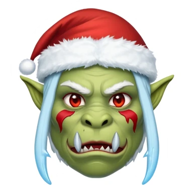 Fantasy orc emoji portrait, Santa Claus hat stretched around tusks, tusks covered with ice and crimson frost cracks, cold predator expression, winter hunt atmosphere, minimal clean emoji design, female variant
 sticker