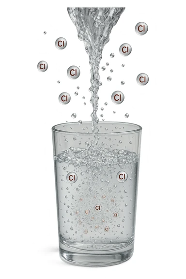 un bicchiere di acqua cade verticalmente dall'alto realistico e dettagliato, dentro l'acqua del bicchiere ci sono particelle di cloro ben visibili con la scritta "Cl" sopra, ci sono particelle anche che escono dal bicchiere e fluttuano in aria verticalmente, mentre alcune sono all'interno dell'acqua nel bicchiere, iperrealistico 4k sticker