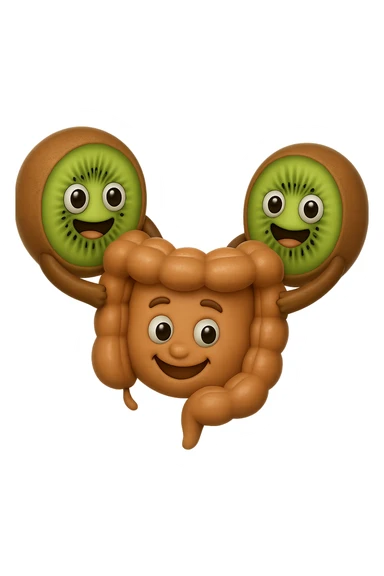 emoji stile iphone di kiwi fluttuano in aria tenendo in mano un pezzo di colon con espressione felice in volto, iperrealistico 4k sticker