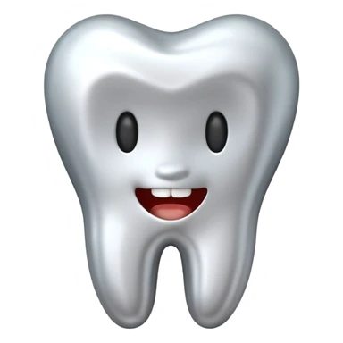 human tooth emoji, smooth chrome ceramic-metal texture, clean medical luxury aesthetic, isolated on white sticker