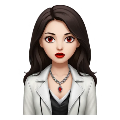 brunette with very long hair in black cuir jacket with red lips and very dark brown eyes and white shirt and mysterious necklace without piercing with evil eyes sticker