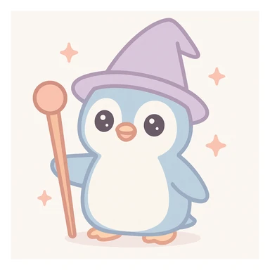 a penguin dressed as a wizard, with a pointy hat and a magic staff, in a fun and whimsical style sticker