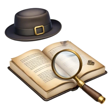 Icon for Detective Reading: an open book with text and a magnifying glass, a detective’s hat and a notebook with clues, surrounded by dark shadows and mysterious elements like footprints and a smoking pipe. Transparent background. sticker
