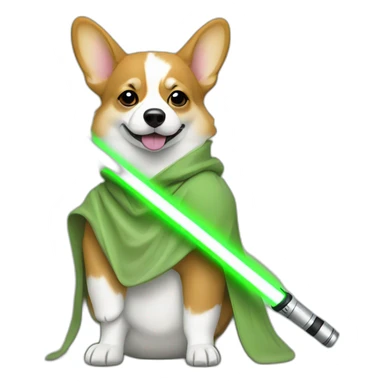 Corgi dress as yoda with one light saber green sticker
