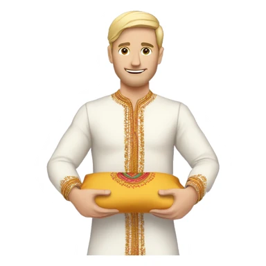 white man holding a pillow, weaing indian festival outfit with sleeves sticker