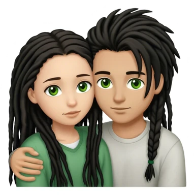 couple holding eachother. boy is light skinned, short brown dreads, and green eyes.girl is light skinned, long black hair straight, and brown eyes. sticker