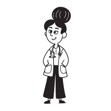 Female doctor with a different hairstyle, hand-drawn doodle style, wearing a white coat and stethoscope, cheerful expression. Maintain the hand-drawn doodle style and medical theme. sticker