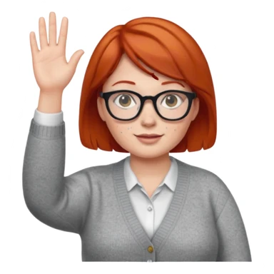 plump female teacher with short red hair, glasses, freckles, waving sticker