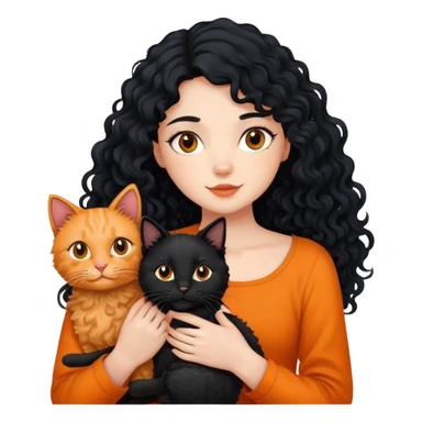 A girl with long black hair is holding a black cat, an orange cat and a curly-haired dog sticker