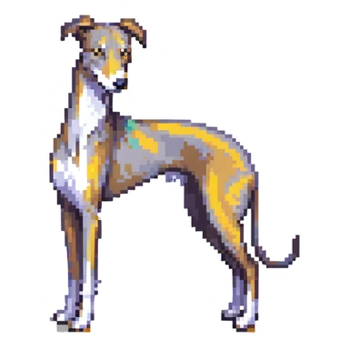 grey greyhound, full body, looking to the side, racing dog, pixel art style sticker