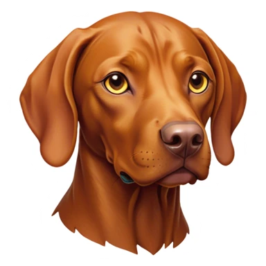 Cinematic Noble Vizsla Portrait Emoji, Poised and regal, with a sleek, athletic build and a short, smooth Fur of rust and gold, deep-set soulful amber eyes, Simplified yet sharp and sophisticated features, highly detailed, glowing with a soft, dignified glow, high shine, intelligent and agile, stylized with an air of determination, focused and attentive, soft glowing outline, capturing the essence of a watchful and confident companion, so majestic it feels as though it could sprint out of the screen with effortless authority! sticker