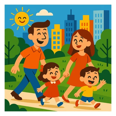 cartoon family walking in a city park, tall buildings in the background, vibrant colors, vibrant toon style sticker