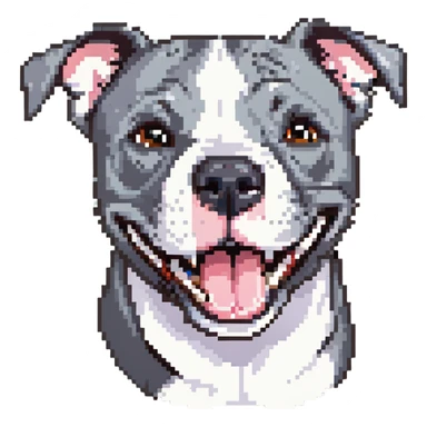 round circle puppy head full grey bleu staffy, big open mouth, big tongue out, stupid expression sticker