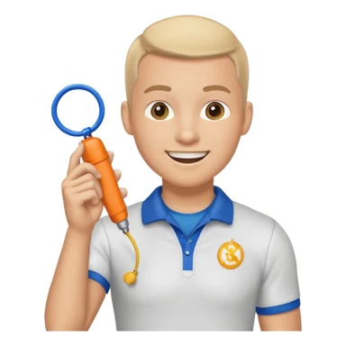 physical education teacher, smiling, holding a whistle sticker