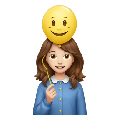 Teen girl wavy brown hair, with smiley-face balloon sticker