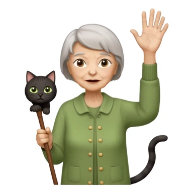 A grouchy old lady with a wooden cane in her hand waving it in the air shouting out "Stay Off My Lawn!" Hair Is short brown with some grey in it eyes are brown also  a pure black cat with big green eyes sitting on her left shoulder. The cat has her left paw up sticker