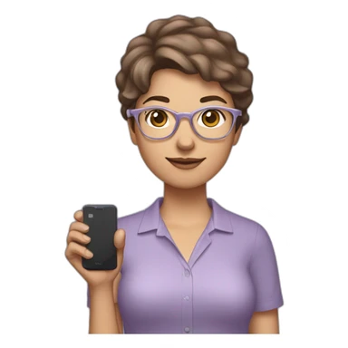 Woman with short brown hair, wearing a lavender-colored shirt, silver brand glasses, and holding a cell phone in her right hand. sticker