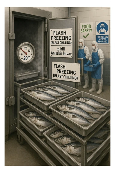 a fish processing facility where freshly caught fish are placed on trays and moved into a large industrial freezer. A temperature gauge shows -20°C, and an educational label explains that rapid freezing (abbattimento) is used to kill Anisakis larvae. The background includes workers in protective clothing and clear signage about food safety. in italiano sticker