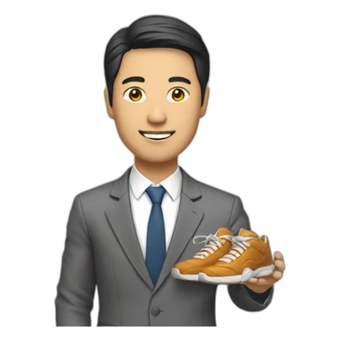 asian man in a suit holding a sneaker sticker