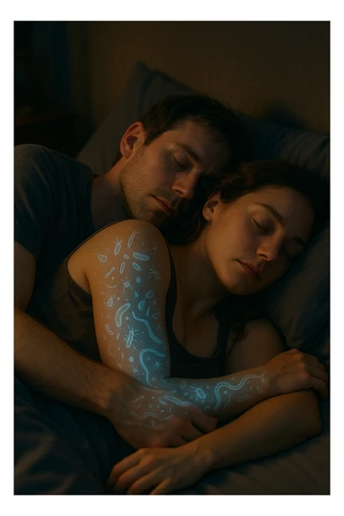A hyper-realistic, cinematic image of a man and a woman sleeping together in the same bed under soft, dim night lighting, with their bodies close and touching. Their skin appears slightly illuminated where it touches, and under a subtle x-ray style overlay, faint ghostly silhouettes of microscopic parasites and worm-like organisms are visible crawling transdermally between their bodies, symbolizing silent, unnoticed parasite transmission during sleep. The environment is a cozy bedroom with warm tones, but the presence of the glowing parasites creates a slightly unsettling feeling, emphasizing the hidden danger. Their faces are calm, unaware, symbolizing the unconscious nature of the transmission. The image is detailed with a 35mm film hyperrealistic aesthetic, focusing sharply on the point of contact between their skin where the parasites pass, while the background remains softly blurred. The color palette uses muted warm browns and soft moonlight blues to maintain a nighttime, intimate feeling, contrasting with the translucent, glowing parasites to illustrate the hidden risk of transdermal parasite transmission while sharing a bed sticker